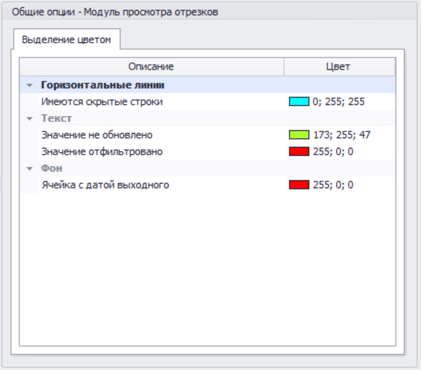Меню Опции Модуль просмотра отрезков общ вкладка Выделение цветом.png